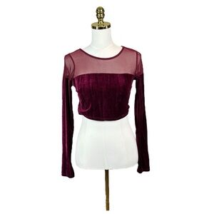 Woman’s Blanc maroon velvet and mesh long sleeve crop top size M